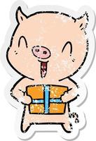distressed sticker of a happy cartoon pig with xmas present vector