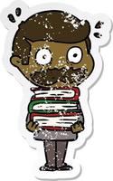 distressed sticker of a cartoon man with mustache and books vector