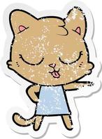 distressed sticker of a cartoon cat pointing vector