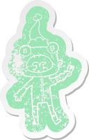 cartoon distressed sticker of a weird alien waving wearing santa hat vector