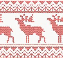 Knitted Deer Seamless Pattern in Red Color. vector