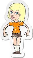 retro distressed sticker of a cartoon woman shrugging shoulders vector