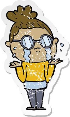 distressed sticker of a cartoon crying woman wearing spectacles