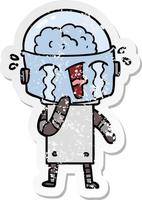 distressed sticker of a cartoon crying robot