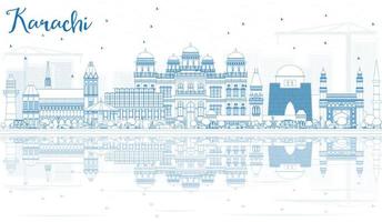 Outline Karachi Skyline with Blue Landmarks and Reflections. vector