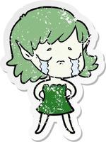 pegatina angustiada de una niña elfa de dibujos animados llorando vector