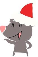 laughing bear flat color illustration of a wearing santa hat vector