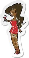 retro distressed sticker of a cartoon woman at party vector