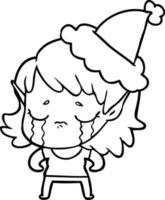 line drawing of a crying elf girl wearing santa hat vector