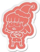 cartoon  sticker of a tired woman wearing santa hat vector