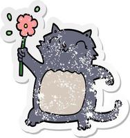 distressed sticker of a cartoon cat with flower vector