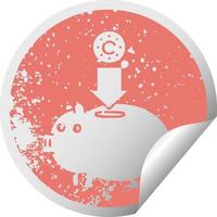 distressed circular peeling sticker symbol piggy bank vector