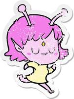 distressed sticker of a cartoon alien girl vector