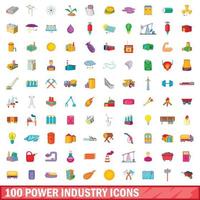 100 power industry icons set, cartoon style vector