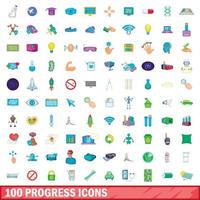 100 iconos de progreso, estilo de dibujos animados vector