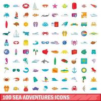100 sea adventures icons set, cartoon style vector