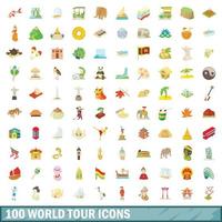 100 world tour icons set, cartoon style