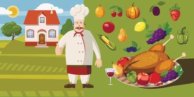 cocinero de banner horizontal de comida, estilo de dibujos animados vector