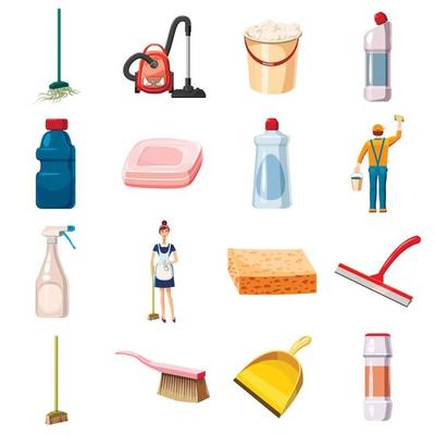 Cleaning icons set detergents, cartoon style