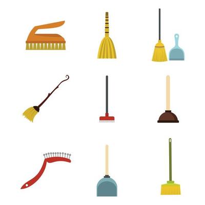 Cleaning tools icon set, flat style
