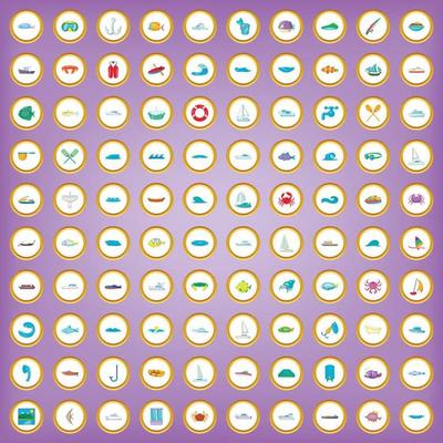 100 water icons set in cartoon style