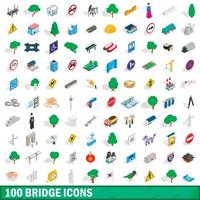 100 bridge icons set, isometric 3d style vector