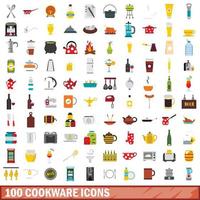 100 cookware icons set, flat style vector