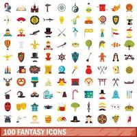 100 fantasy icons set, flat style vector