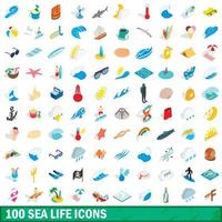 100 sea life icons set, isometric 3d style vector