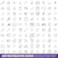 100 recreation icons set, outline style vector