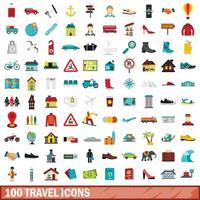 100 travel icons set, flat style vector
