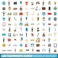 100 iconos de trabajo en equipo, estilo de dibujos animados vector