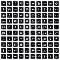 100 video icons set, grunge style vector