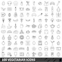 100 vegetarian icons set, outline style vector