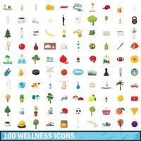 100 iconos de bienestar, estilo de dibujos animados vector