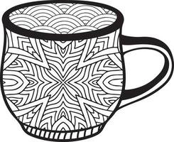 taza de café o taza de té con patrones abstractos al estilo de zentangle, garabato. ilustración dibujada a mano, libro para colorear para adultos. vector