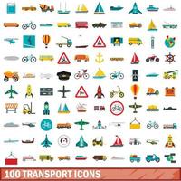 100 transport icons set, flat style vector
