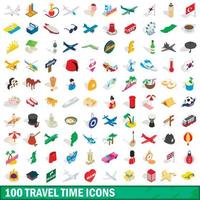 100 travel time icons set, isometric 3d style vector