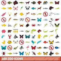 100 zoo icons set, flat style vector
