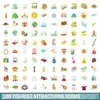 100 tourist attraction icons set, cartoon style vector