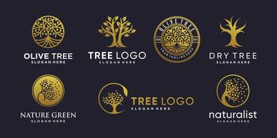 Set of golden tree logo with creative abstract element style Premium Vector