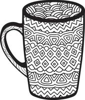 taza de café o taza de té con patrones abstractos al estilo de zentangle, garabato. ilustración dibujada a mano, libro para colorear para adultos.