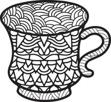 taza de café o taza de té con patrones abstractos al estilo de zentangle, garabato. ilustración dibujada a mano, libro para colorear para adultos. vector