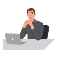 Young man sitting at desk deep in thought working on laptop in office. Flat vector illustration isolated on white background