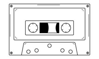Hand drawn audio cassette with magnetic tape. Equipment for recording playback. Attribute of the 80s, 90s. Doodle style. Sketch. Vector illustration