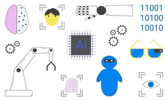 Set of artificial intelligence elements. Robotization. Identification by face, fingerprint and cornea of the eye. Flat style. Vector illustration