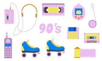 Set of elements of the 80s and 90s. Classic objects of the past decades. Flat style. Vector illustration