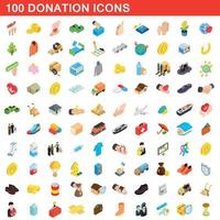 100 donation icons set, isometric 3d style vector