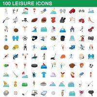 100 leisure icons set, cartoon style vector