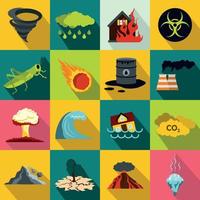 Natural disaster icons set, flat style vector